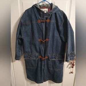 Women's vintage size large denim coat with flannel lining with hood